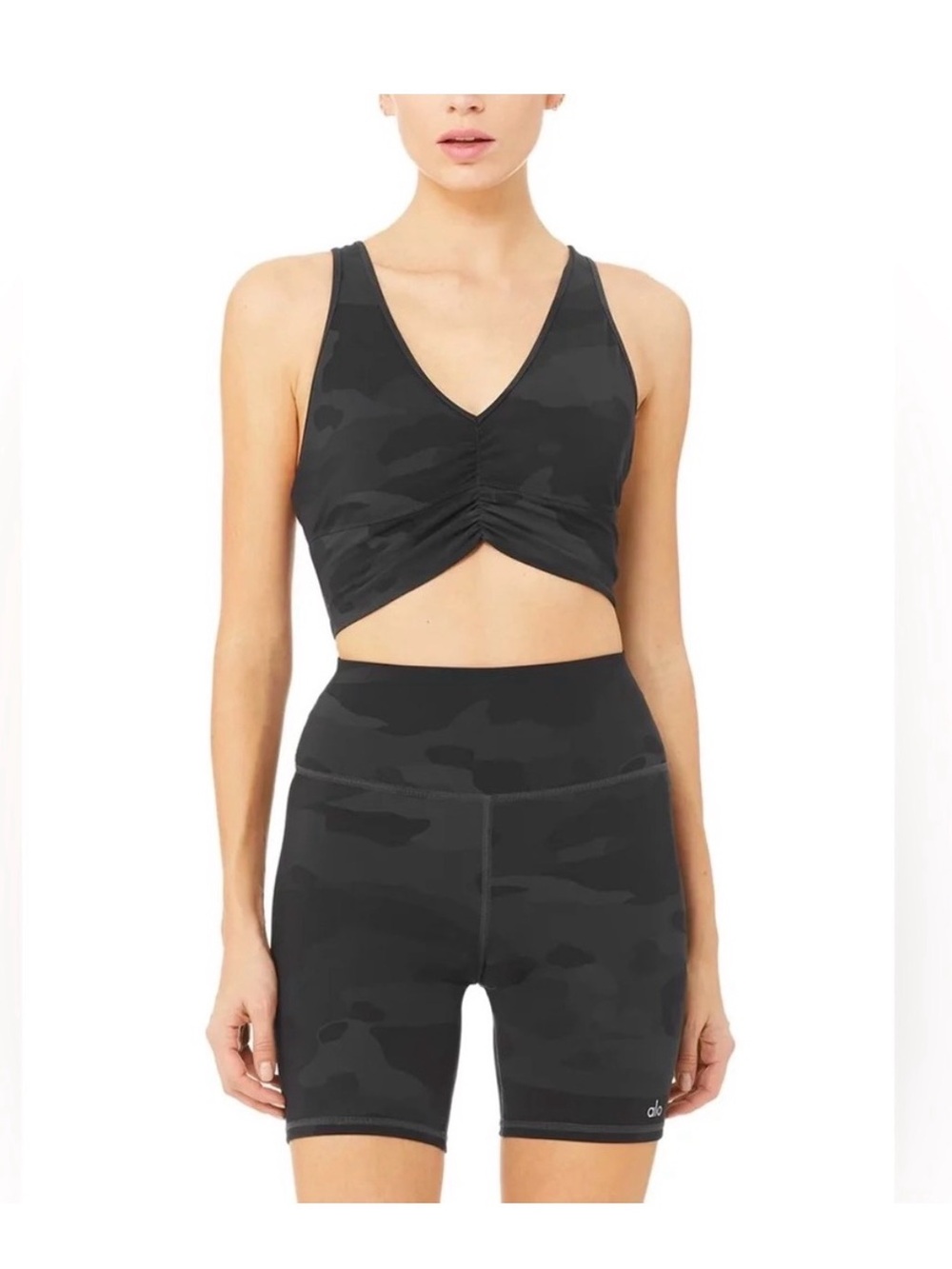ALO Yoga Black Camo Racerback Seamless Sports Bra & Bike Short Set Medium